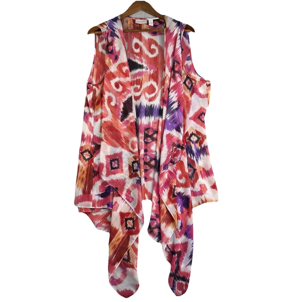 Chico's Womens Sheer Sleeveless Cascade Flowy Open Vest Topper Pink Orange Boho